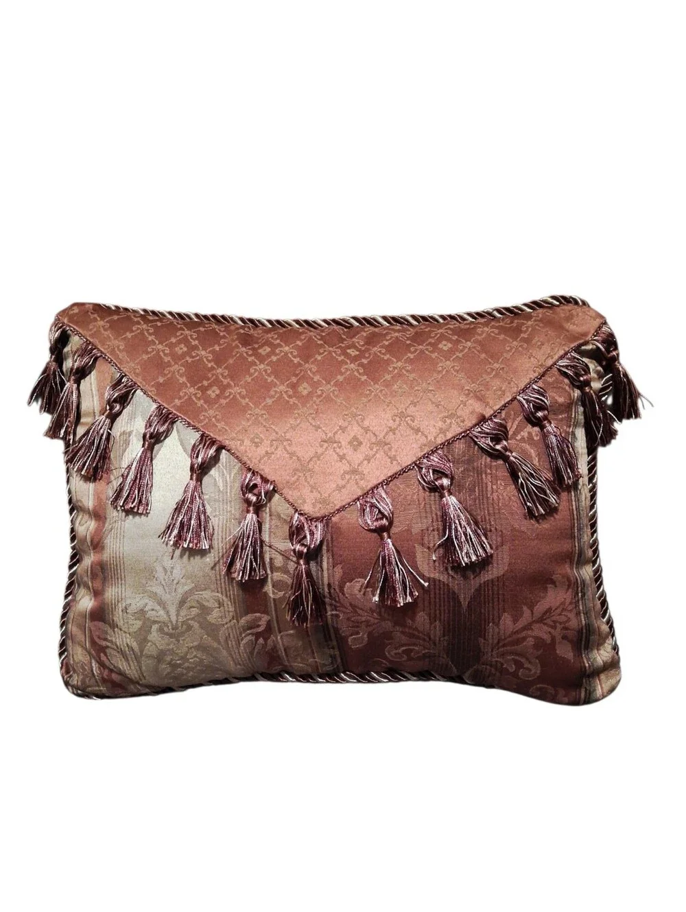 Chris Madden Accent Pillow Set Triangle Overlay Cord Trim Rose Brown Color Silky